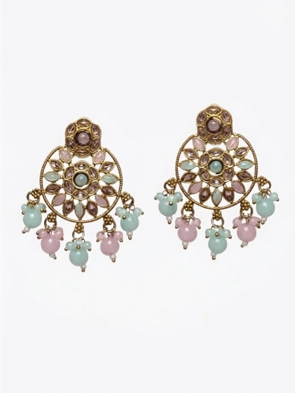 Vintage-Style Gold Filigree Drop Earrings with Pink & Mint Beads